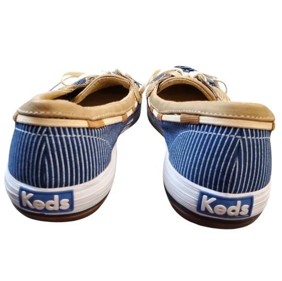 Keds Ortholite Navy White Tan Striped Loafers Shoes Laces Size 8.5 - Picture 7 of 12